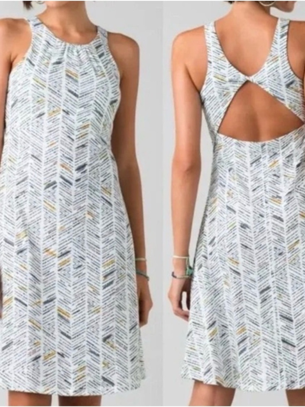 Prana Sleeveless Chevron-Print Mini Dress in Light Gray with Gold Accents XL